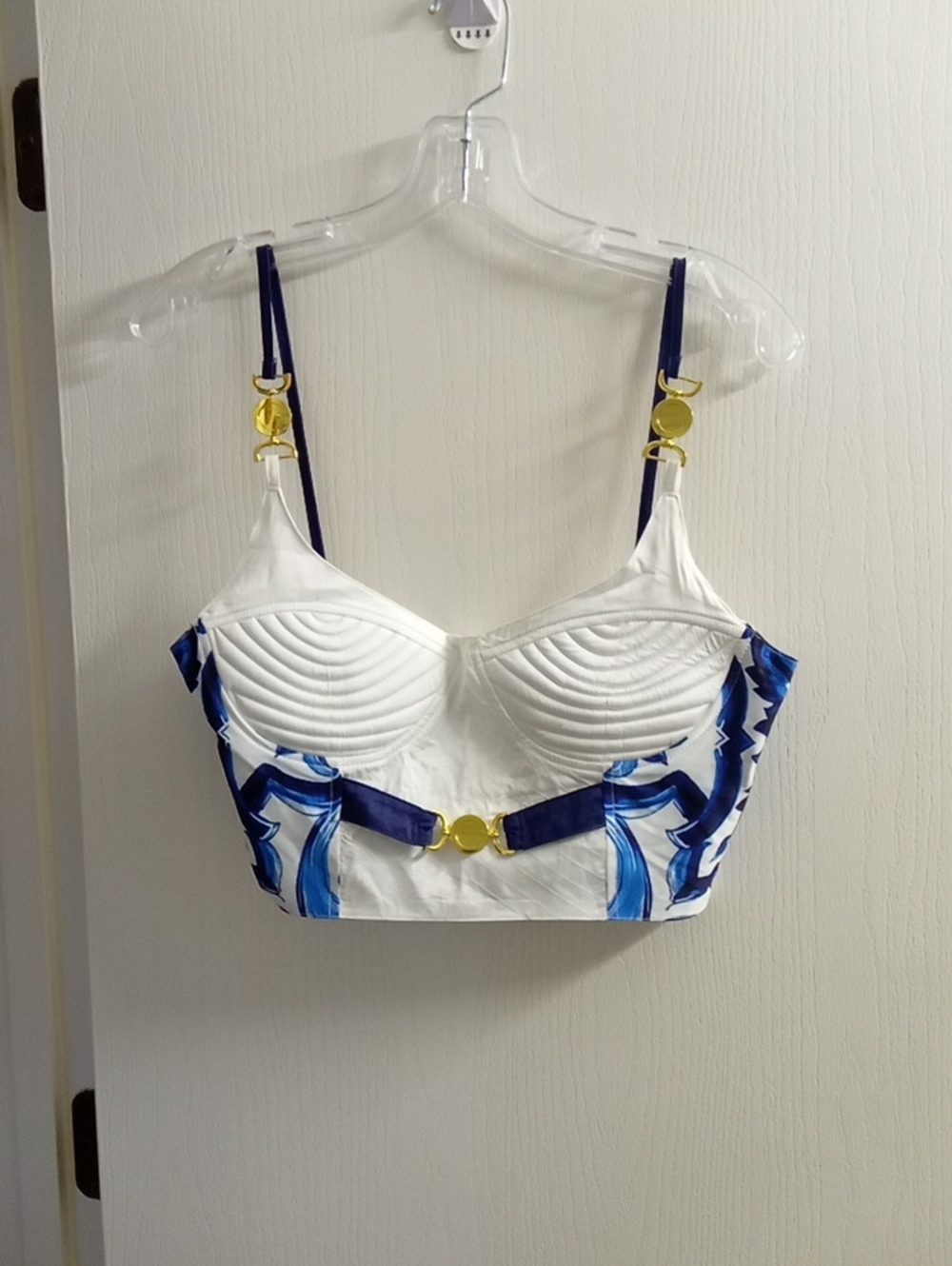 White and Blue Crop Bustier Top with Gold Accents